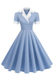 Vestido azul A Line V-Neck dos anos 1950 com mangas curtas