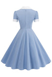 Vestido azul A Line V-Neck dos anos 1950 com mangas curtas
