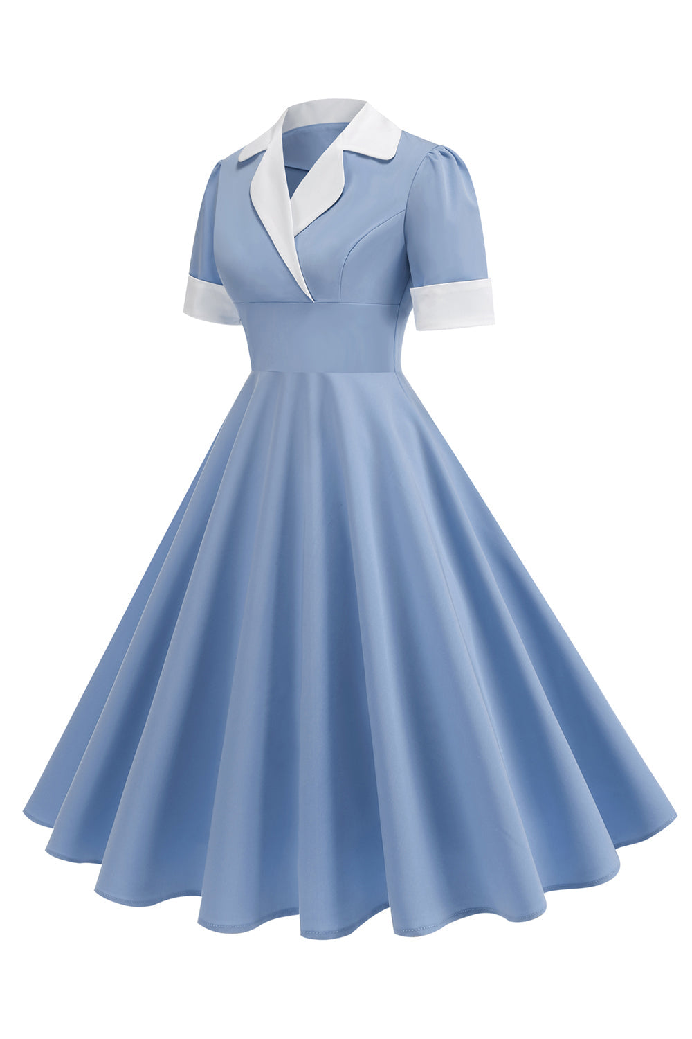 Vestido azul A Line V-Neck dos anos 1950 com mangas curtas