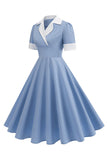 Vestido azul A Line V-Neck dos anos 1950 com mangas curtas
