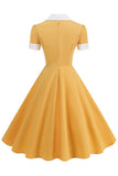 Vestido azul A Line V-Neck dos anos 1950 com mangas curtas