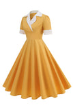 Vestido azul A Line V-Neck dos anos 1950 com mangas curtas