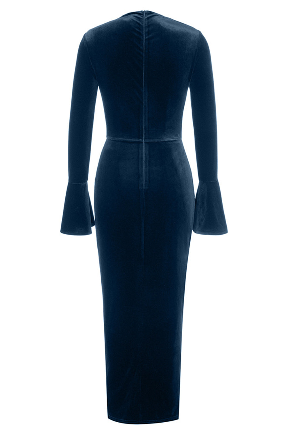 Pavão Sereia Azul Veludo Mangas Longas Vestido de Baile com Fenda