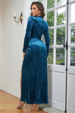 Blue High Neck mangas longas Velvet Prom Dress