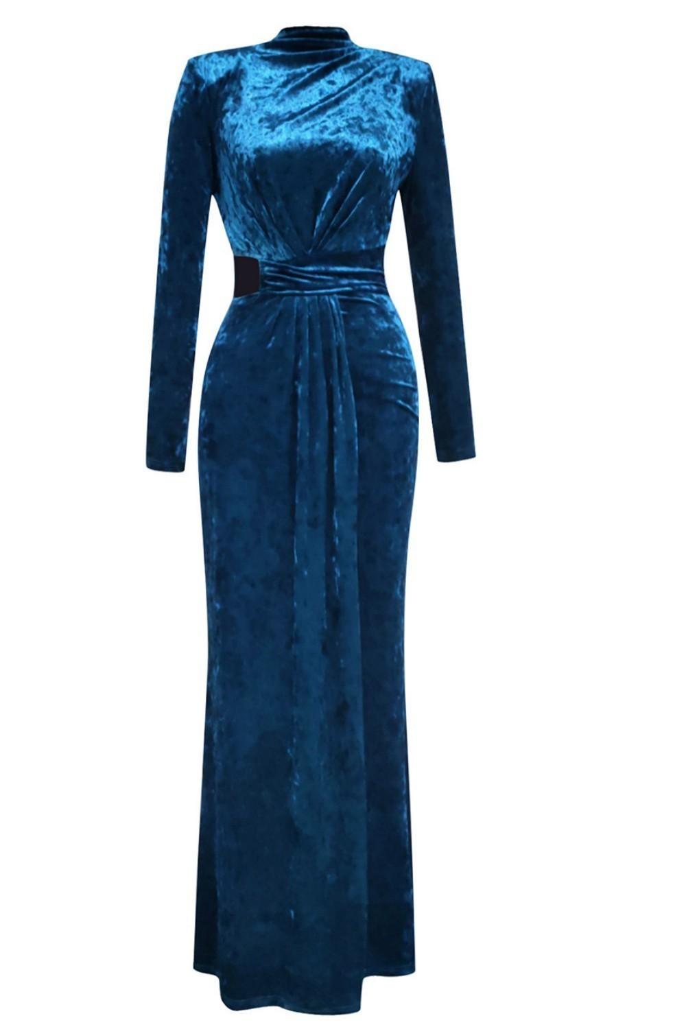 Blue High Neck mangas longas Velvet Prom Dress
