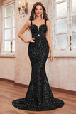 Glitter Sequins Preto Sereia Esparguete Correias Longo Vestido de Baile