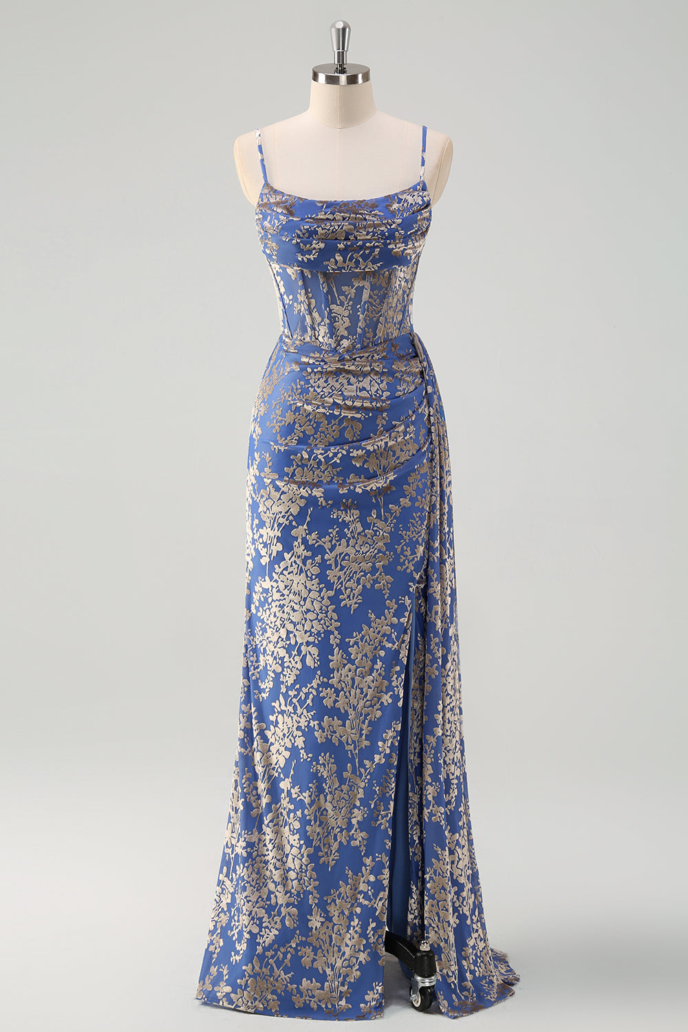 Blue Burnout Sereia Floral Esparguete Correias Corset Vestido Madrinha com Fenda