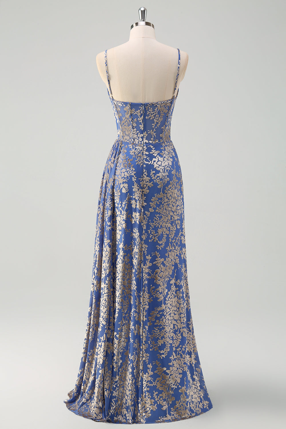 Blue Burnout Sereia Floral Esparguete Correias Corset Vestido Madrinha com Fenda