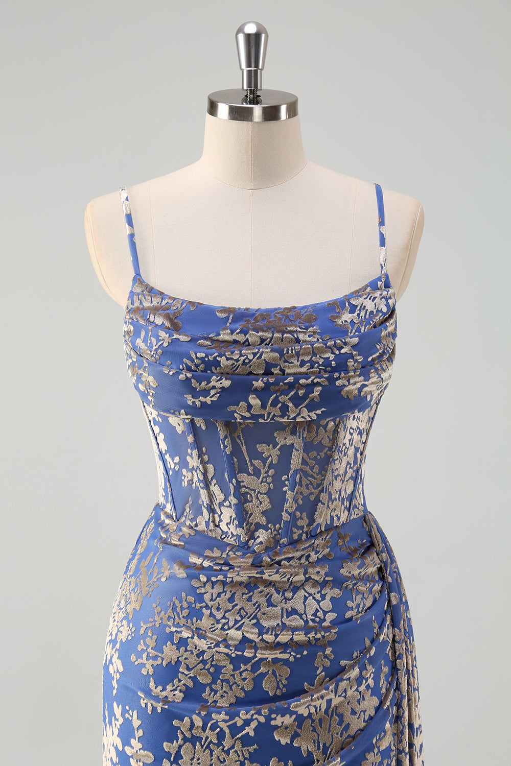 Blue Burnout Sereia Floral Esparguete Correias Corset Vestido Madrinha com Fenda