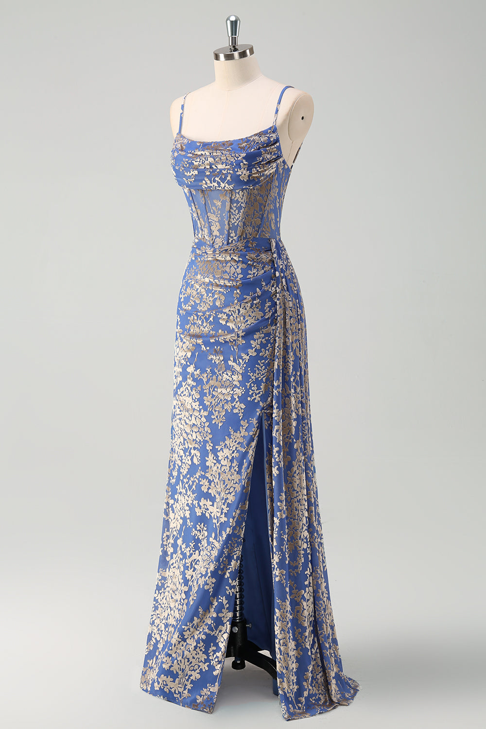 Blue Burnout Sereia Floral Esparguete Correias Corset Vestido Madrinha com Fenda