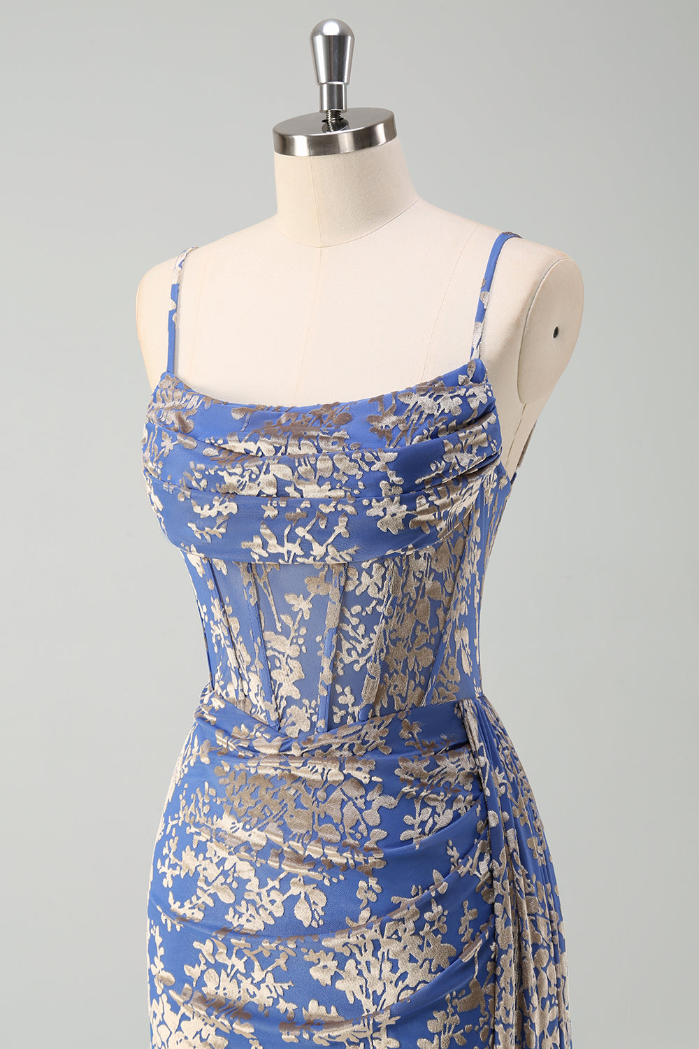 Blue Burnout Sereia Floral Esparguete Correias Corset Vestido Madrinha com Fenda