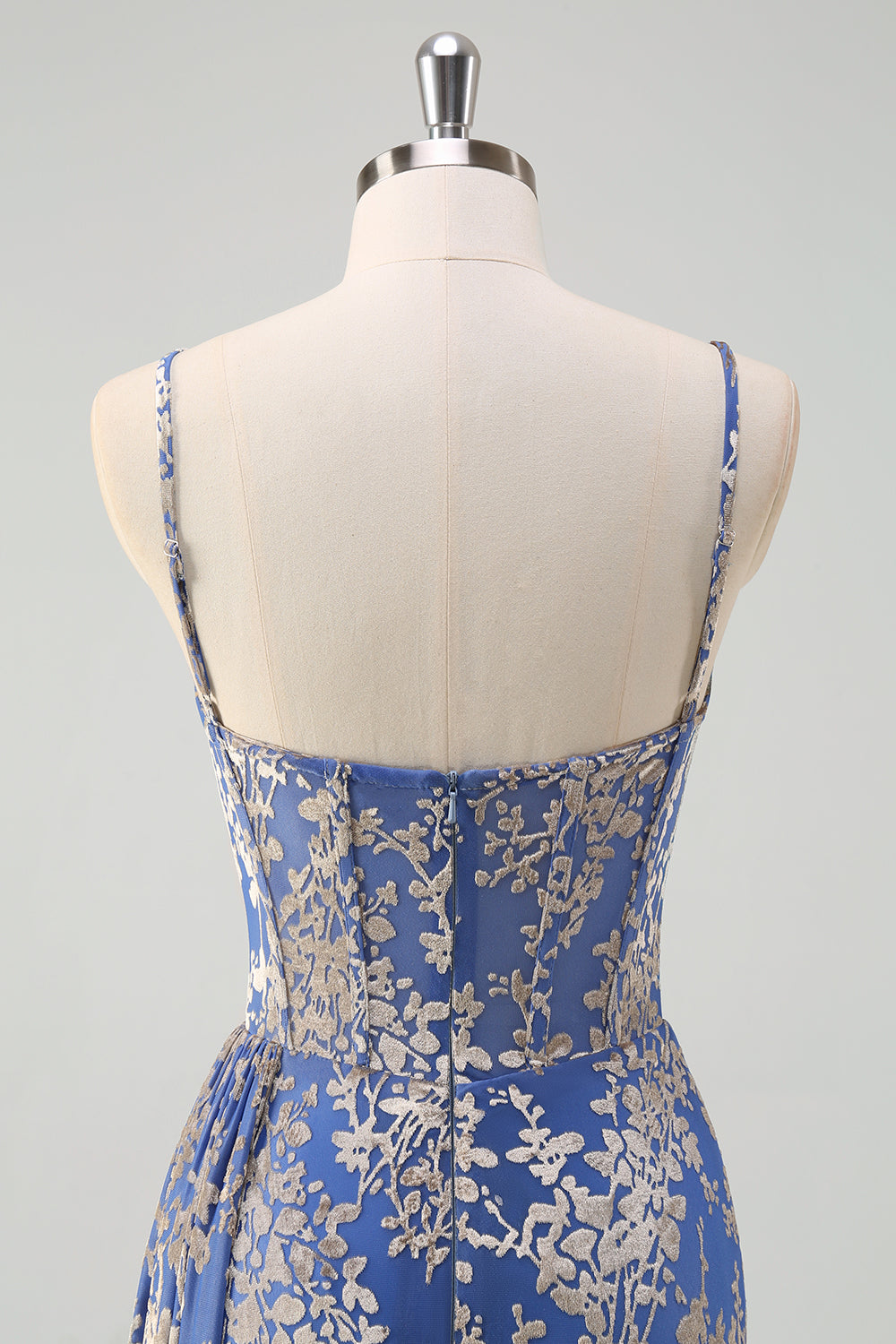 Blue Burnout Sereia Floral Esparguete Correias Corset Vestido Madrinha com Fenda
