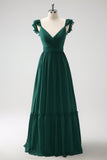 Verde escuro Uma linha V-Neck Chiffon longo vestido de dama de honra