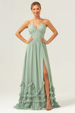Dusty Sage Halter Corset babado longo vestido de dama de honra com fenda