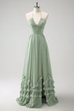 Dusty Sage Halter babado vestido de dama de honra com fenda
