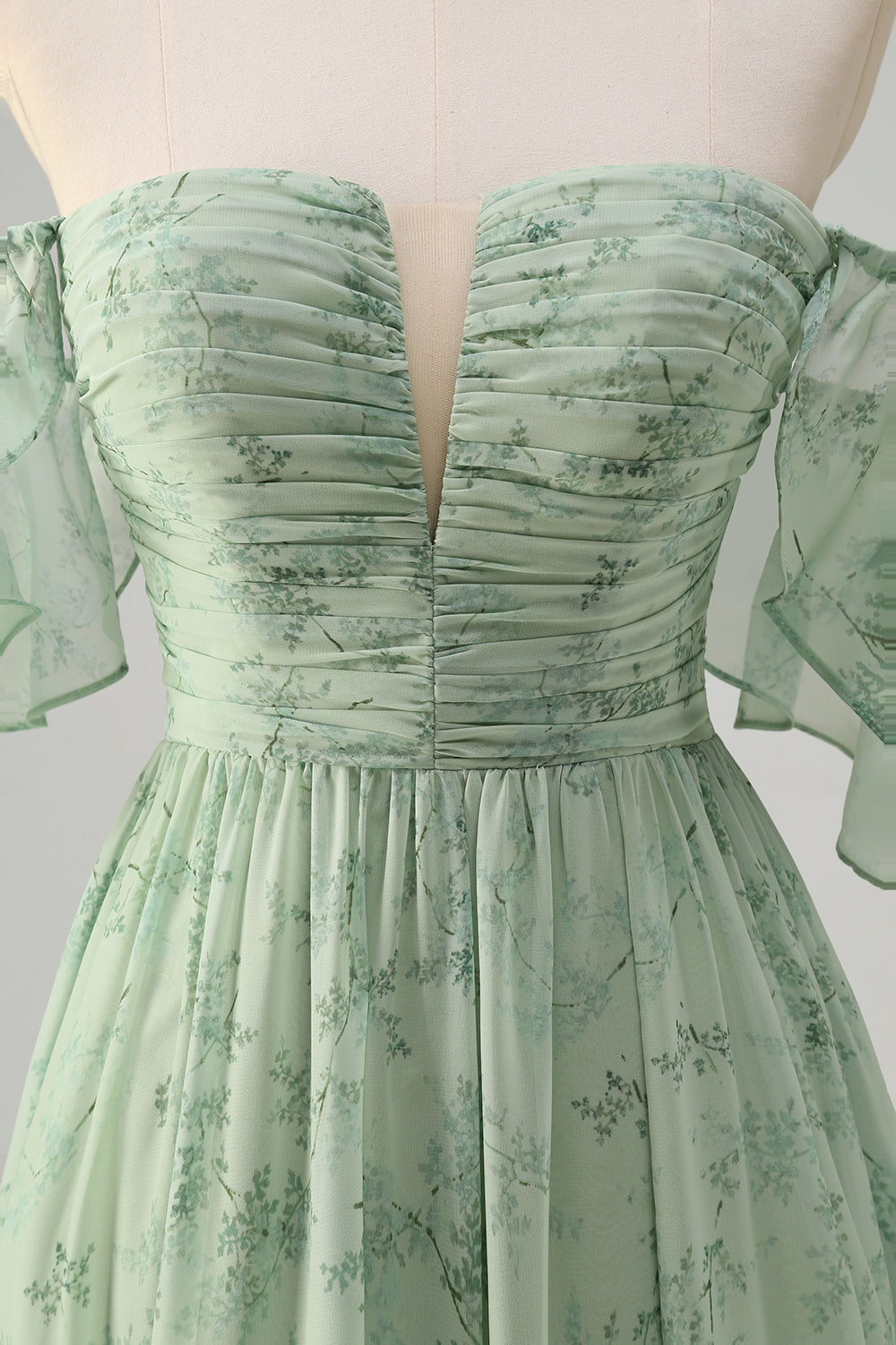 Dusty Sage Uma linha fora do ombro estampado vestido longo baile de formatura com fenda