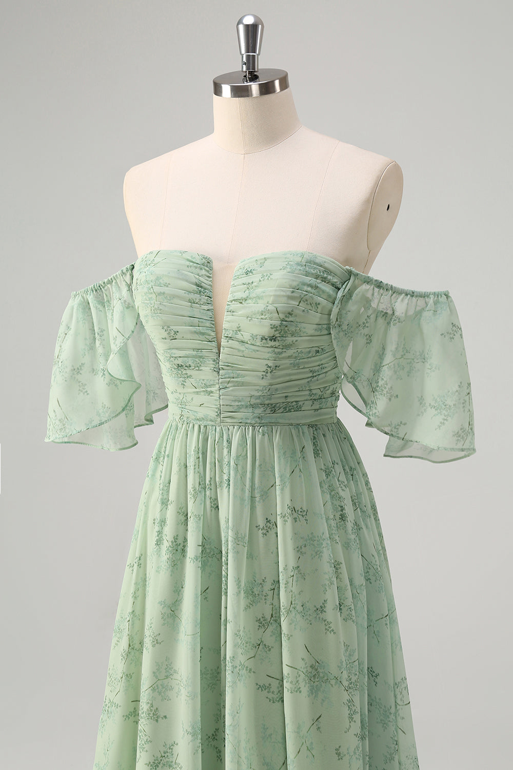 Dusty Sage Uma linha fora do ombro estampado vestido longo baile de formatura com fenda