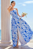 Espaguete Floral Azul Correias Vestido Longo Madrinha com Fenda