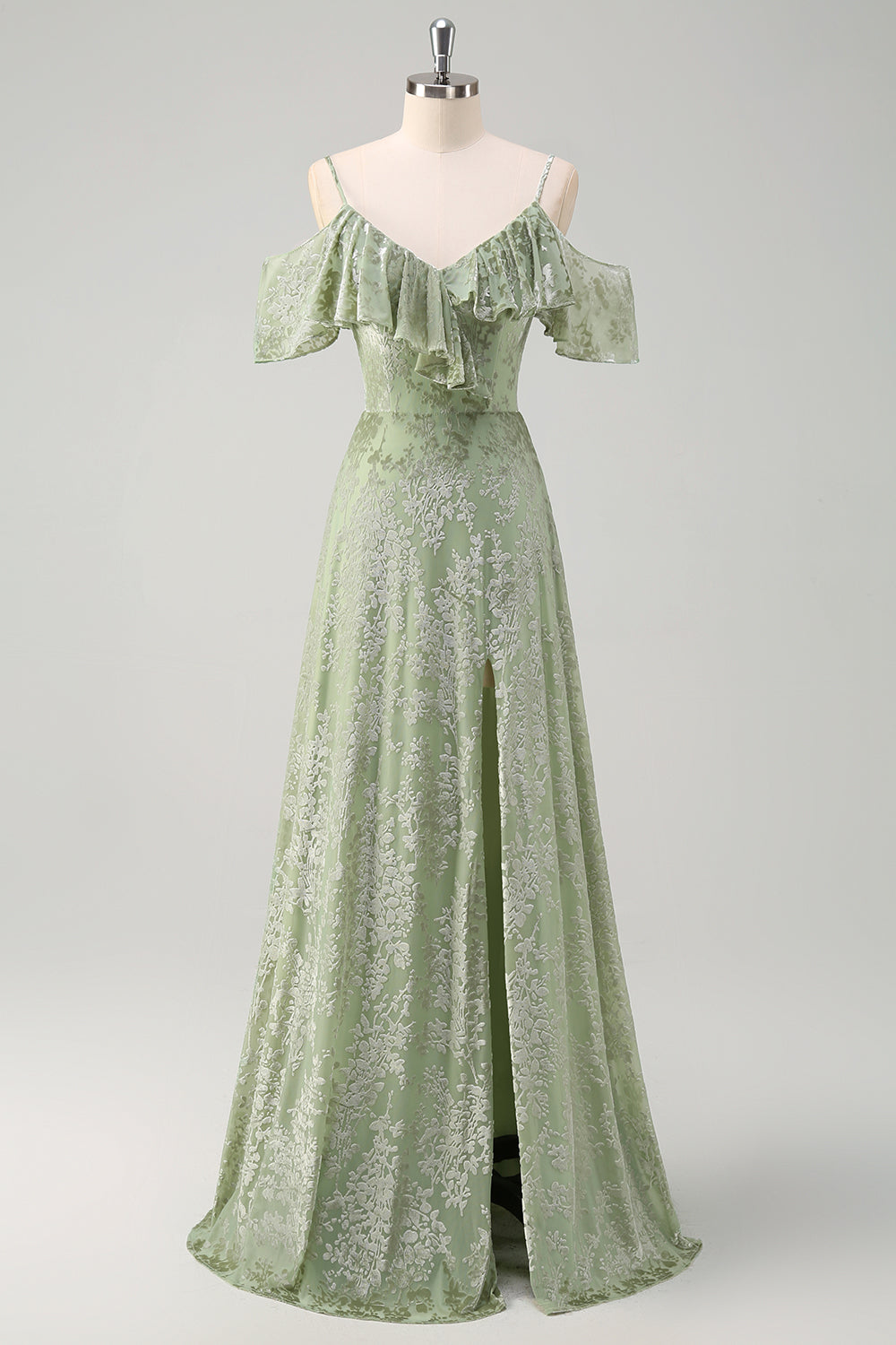 Dusty Sage Uma linha de veludo estampado vestido longo dama de honra com fenda