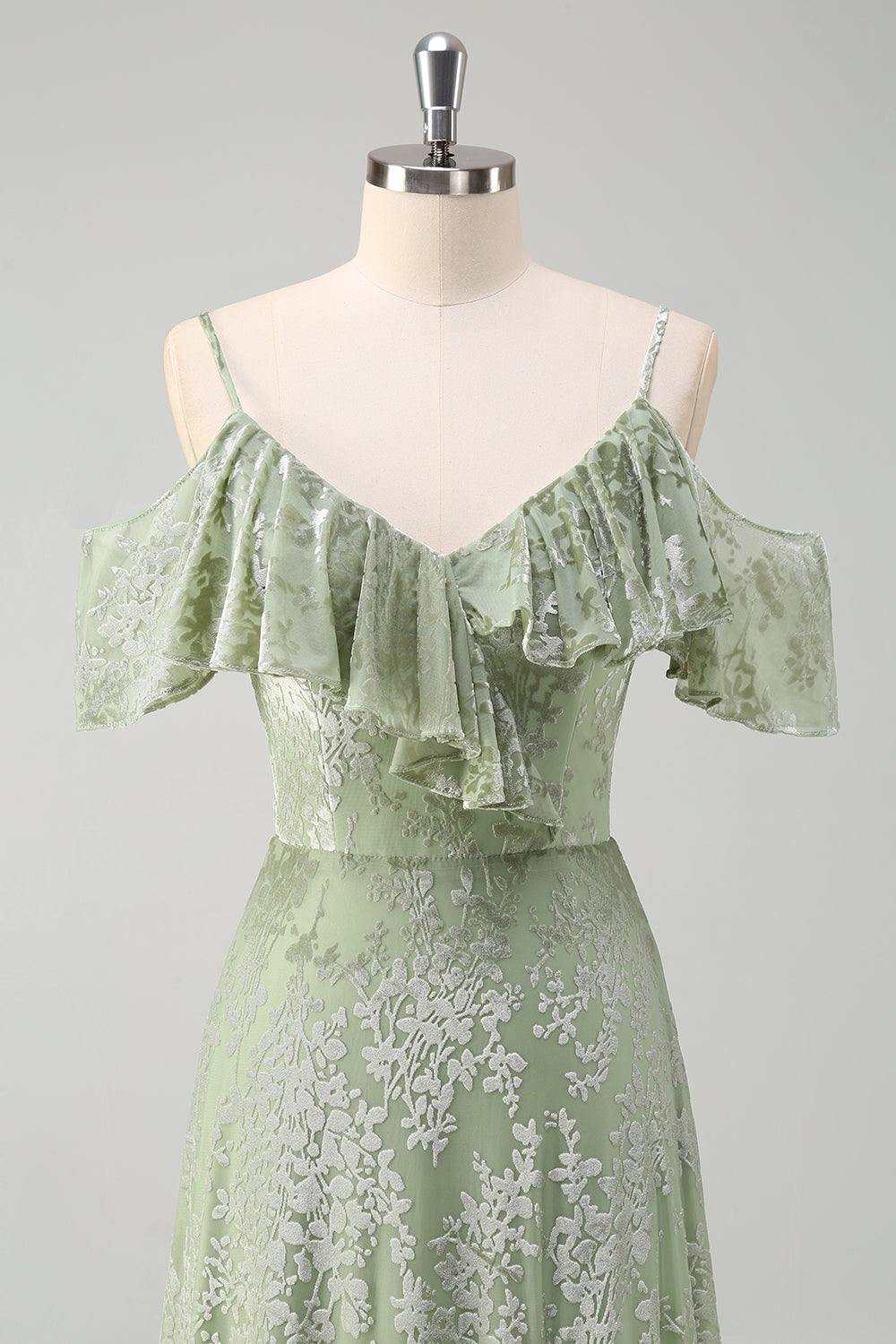 Dusty Sage Uma linha de veludo estampado vestido longo dama de honra com fenda