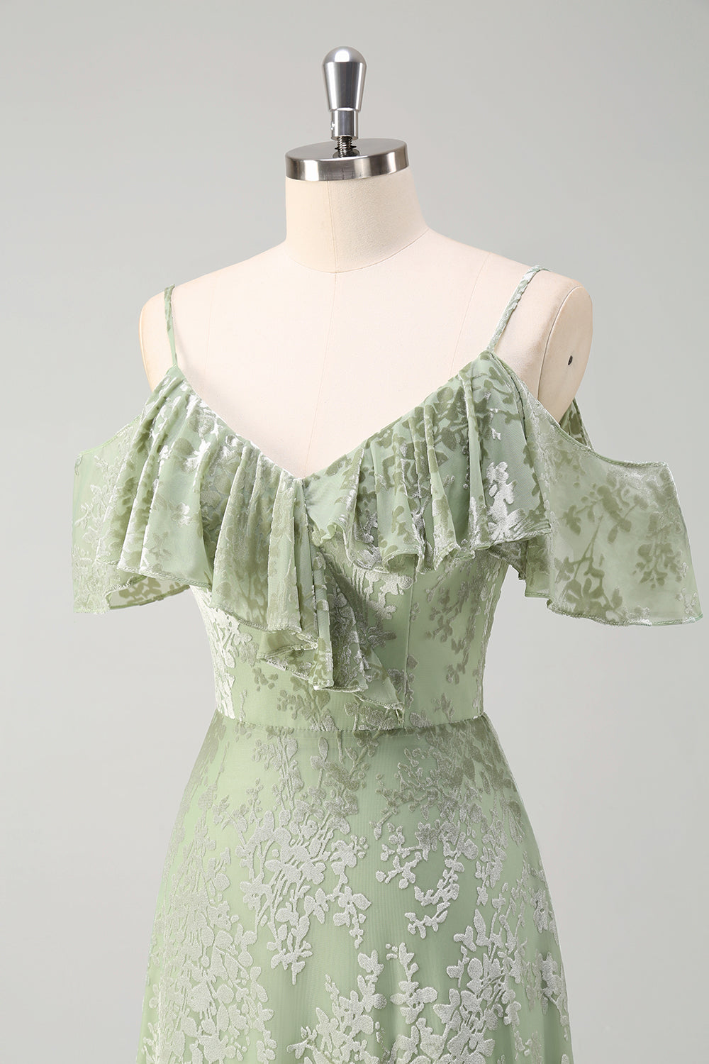 Dusty Sage Uma linha de veludo estampado vestido longo dama de honra com fenda