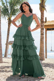 Eucalipto em camadas A-Line Chiffon Long Bridesmaid Dress