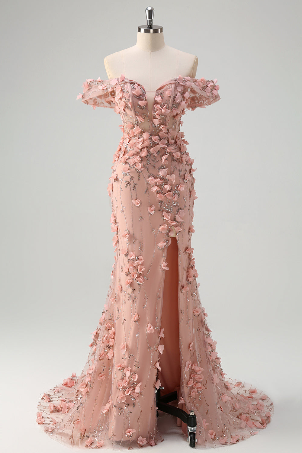 Blush sereia fora do ombro fenda longo vestido de baile com flores 3D