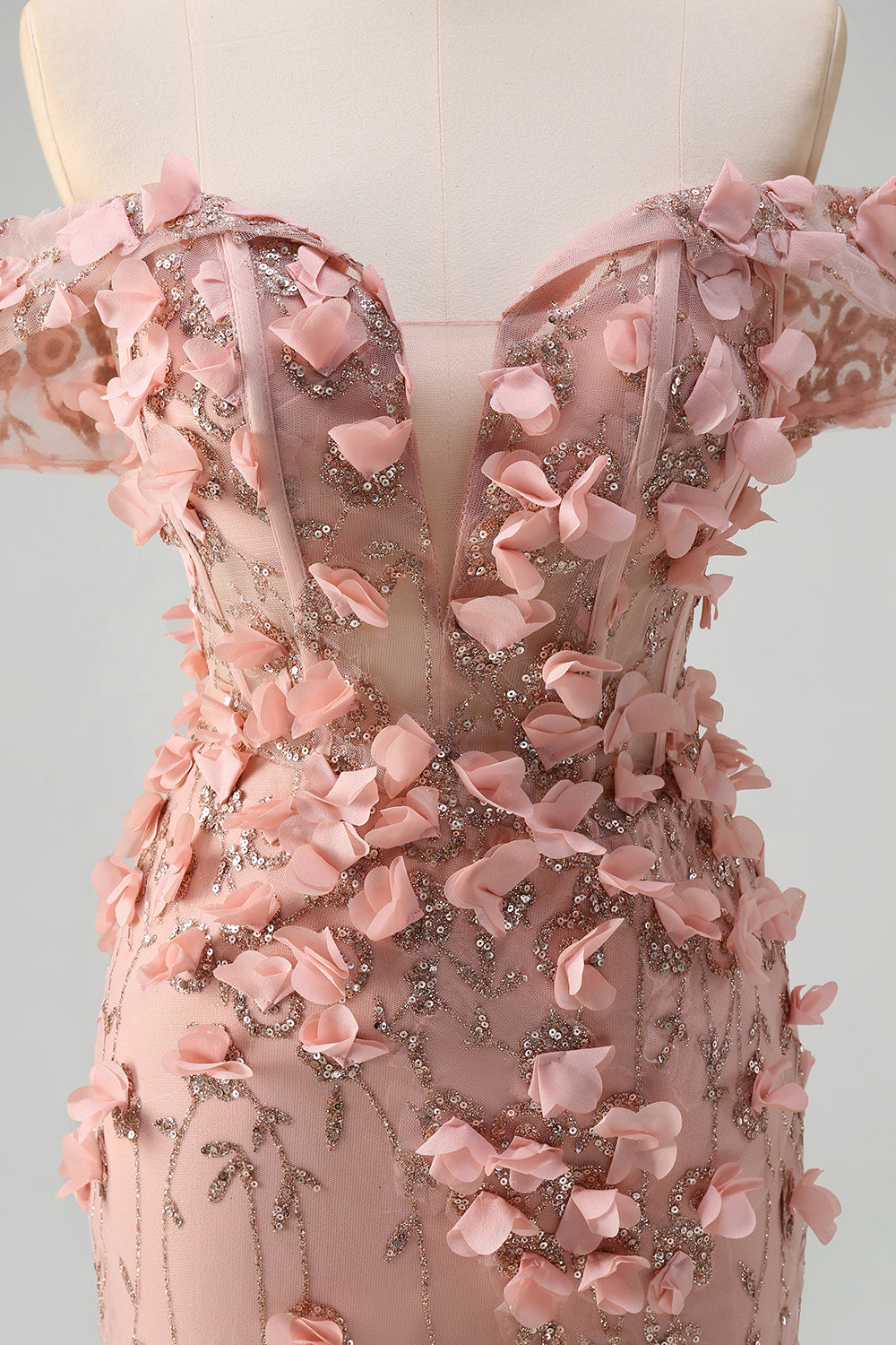 Blush sereia fora do ombro fenda longo vestido de baile com flores 3D
