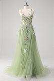 Verde Sequined A Line Tulle Applique Corset Long Prom Dress with Slit