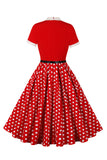 A Line Black Polka Dots mangas curtas vestido dos anos 1950 com cinto