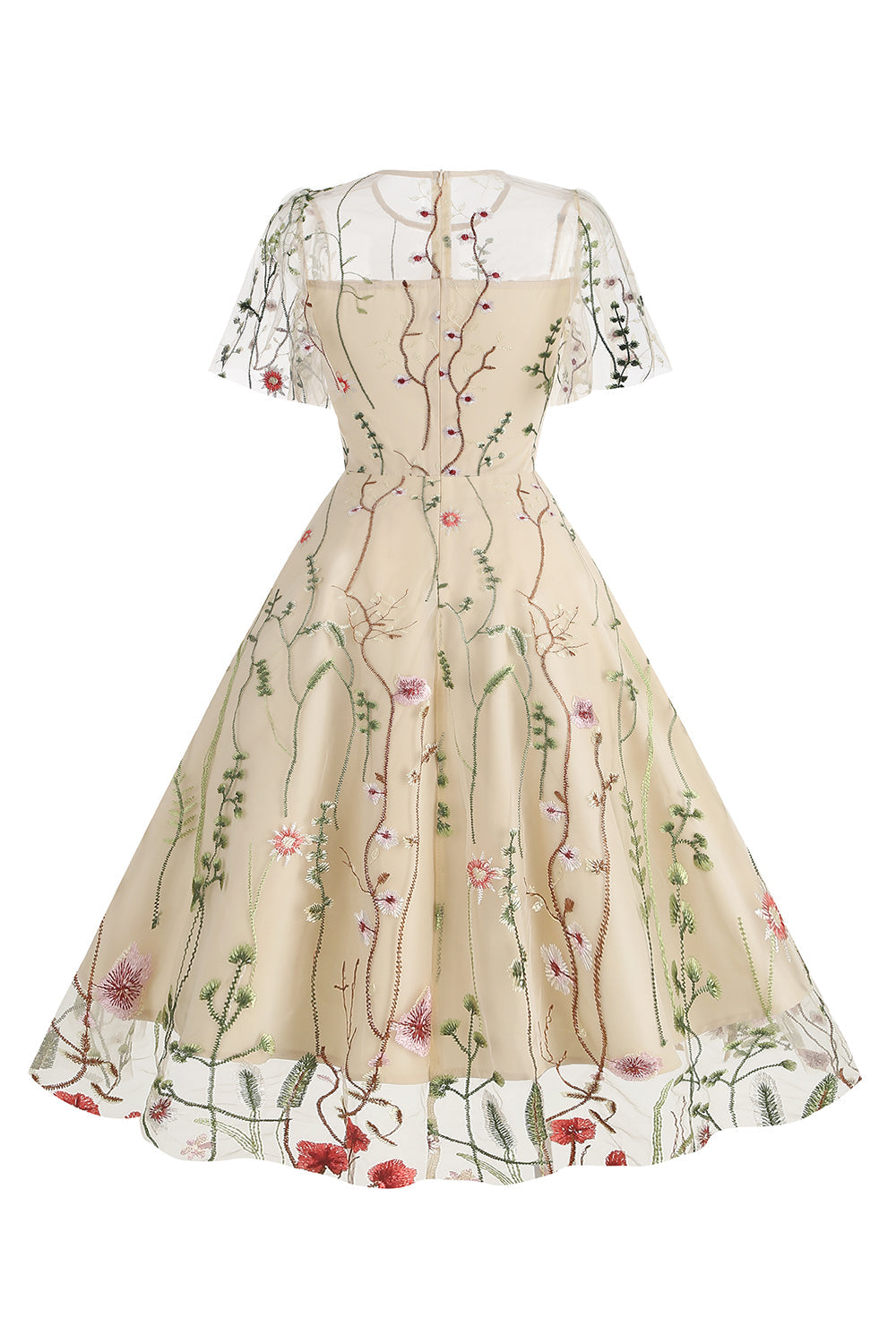 Damasco Uma linha impressa tule 1950s vestido com mangas curtas