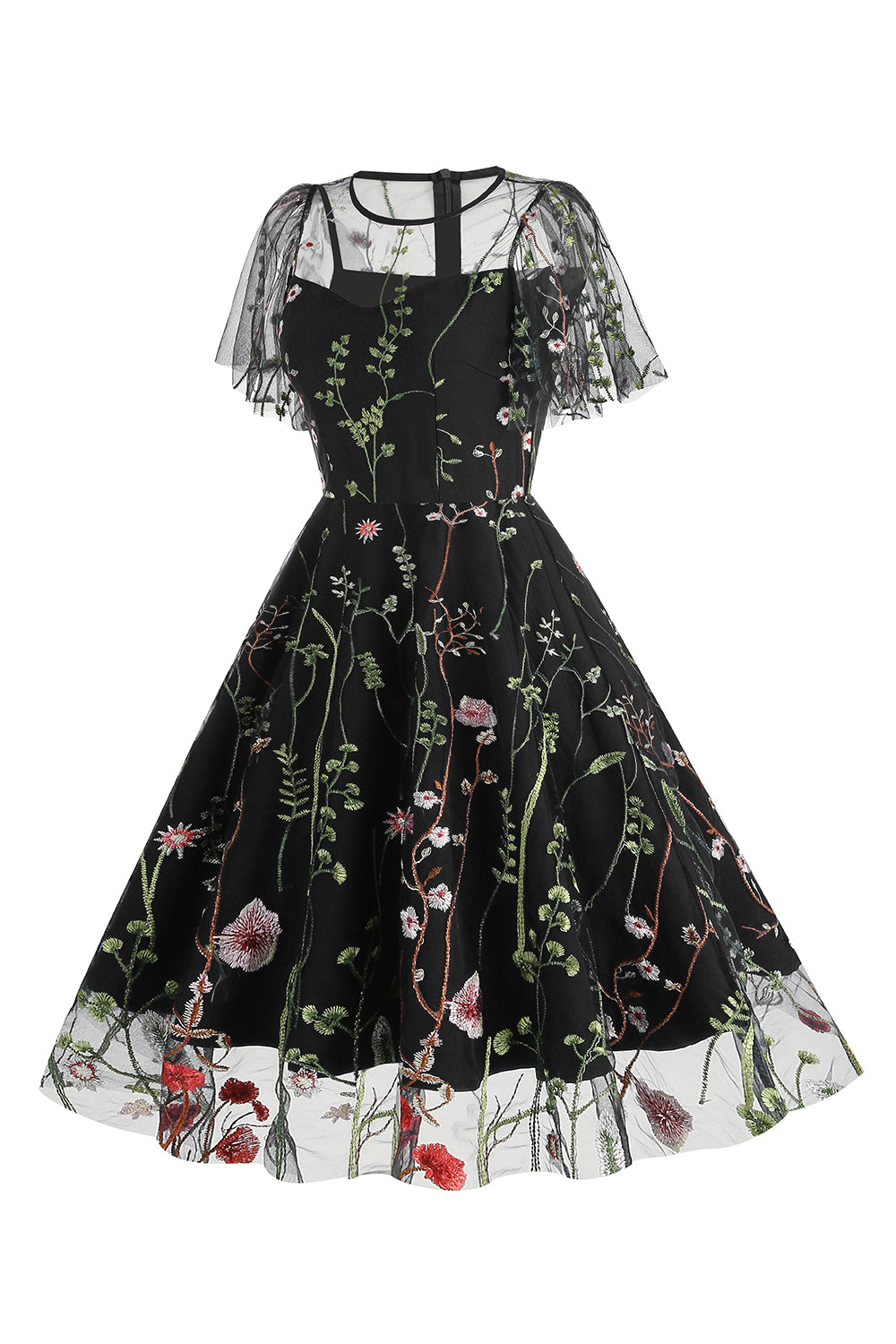 Damasco Uma linha impressa tule 1950s vestido com mangas curtas