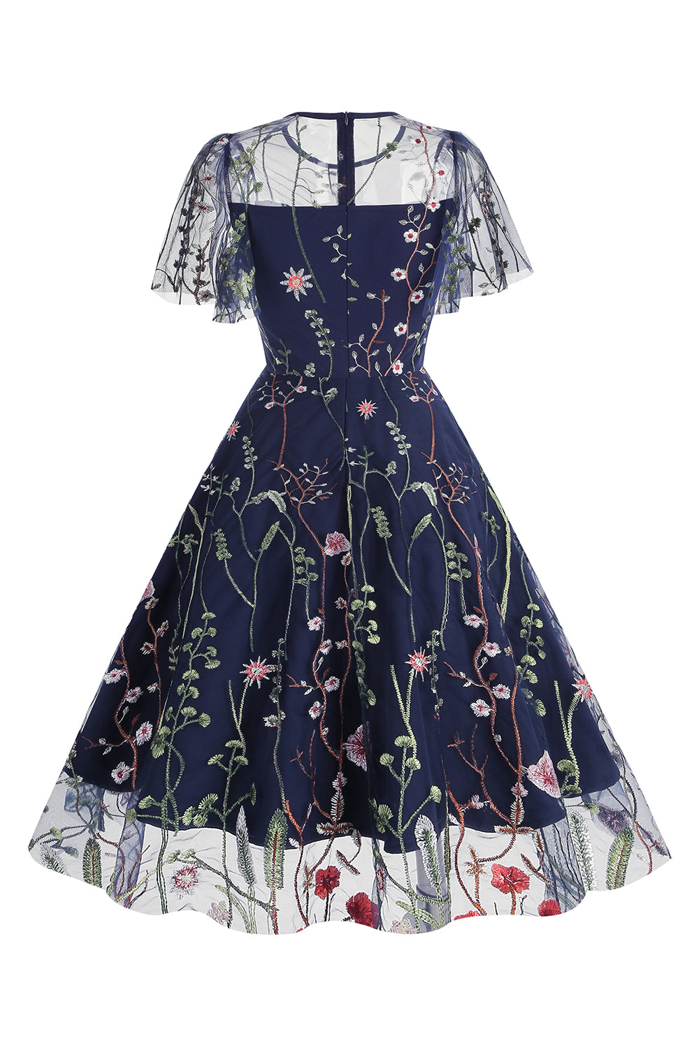 Damasco Uma linha impressa tule 1950s vestido com mangas curtas