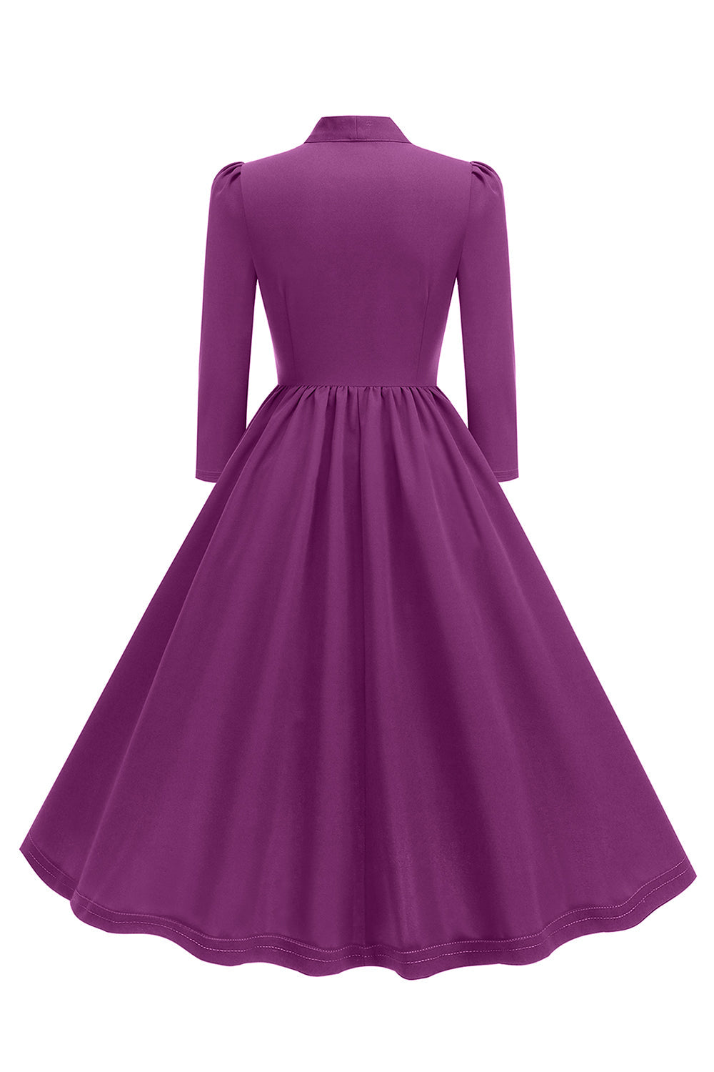 Roxo plissado laço gravata 1950 vestido com mangas compridas