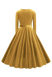 Amarelo V pescoço plissado mangas longas vestido 1950s