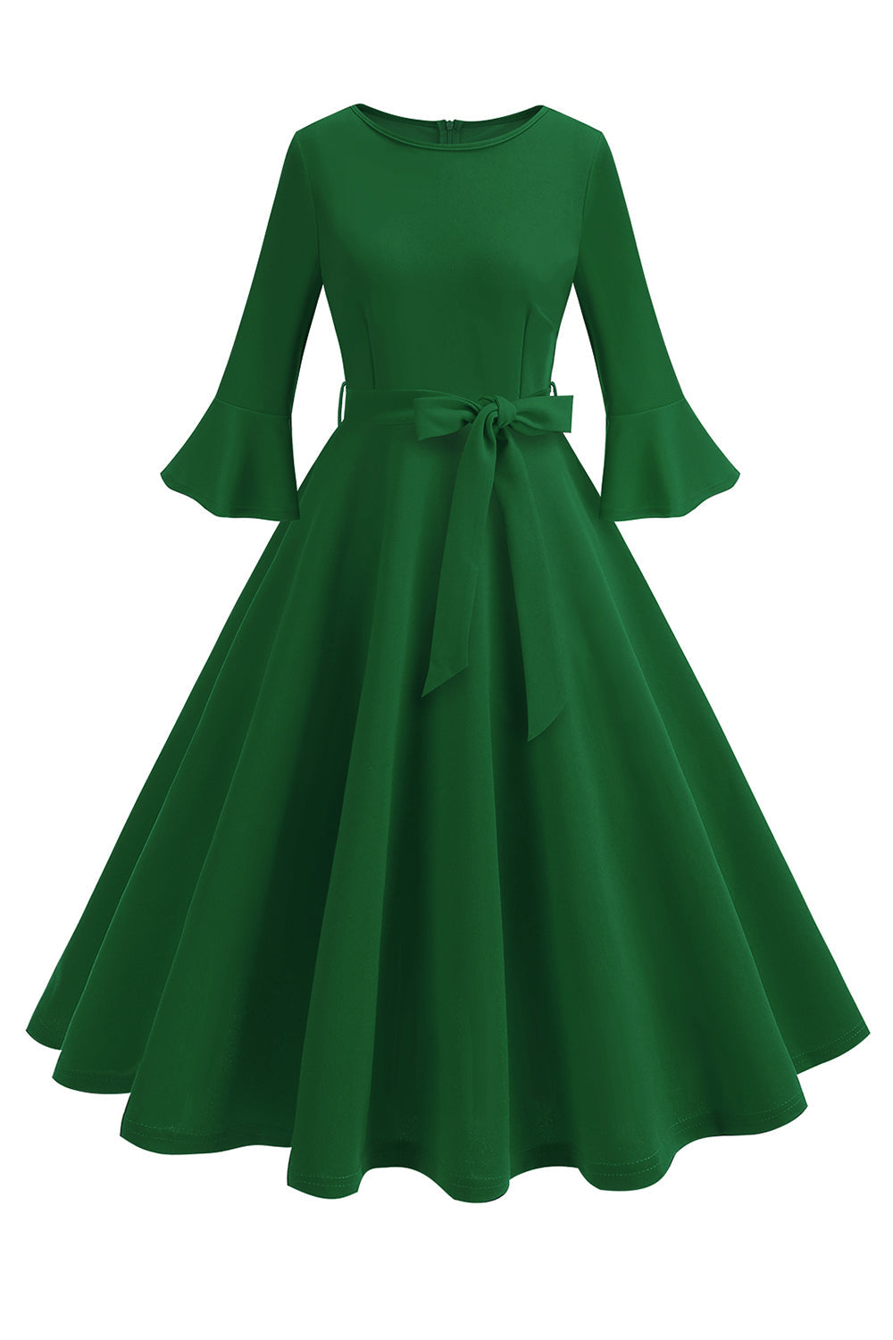 Verde escuro pescoço redondo plissado mangas longas 1950s vestido vintage