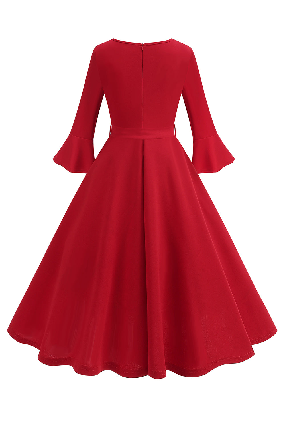 Verde escuro pescoço redondo plissado mangas longas 1950s vestido vintage