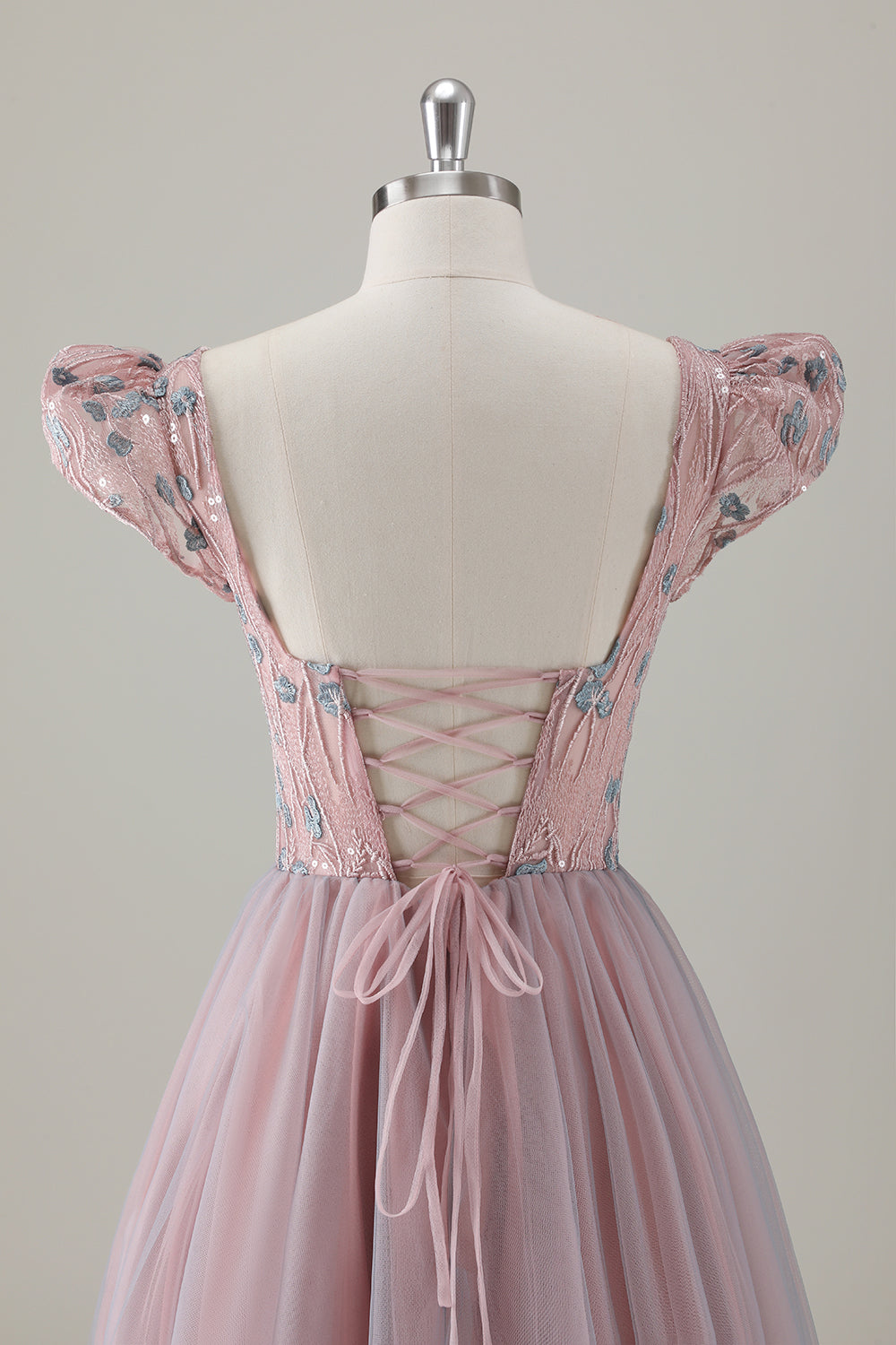 Cinzento Rosa Floral A-Line Long Prom Dress com mangas curtas