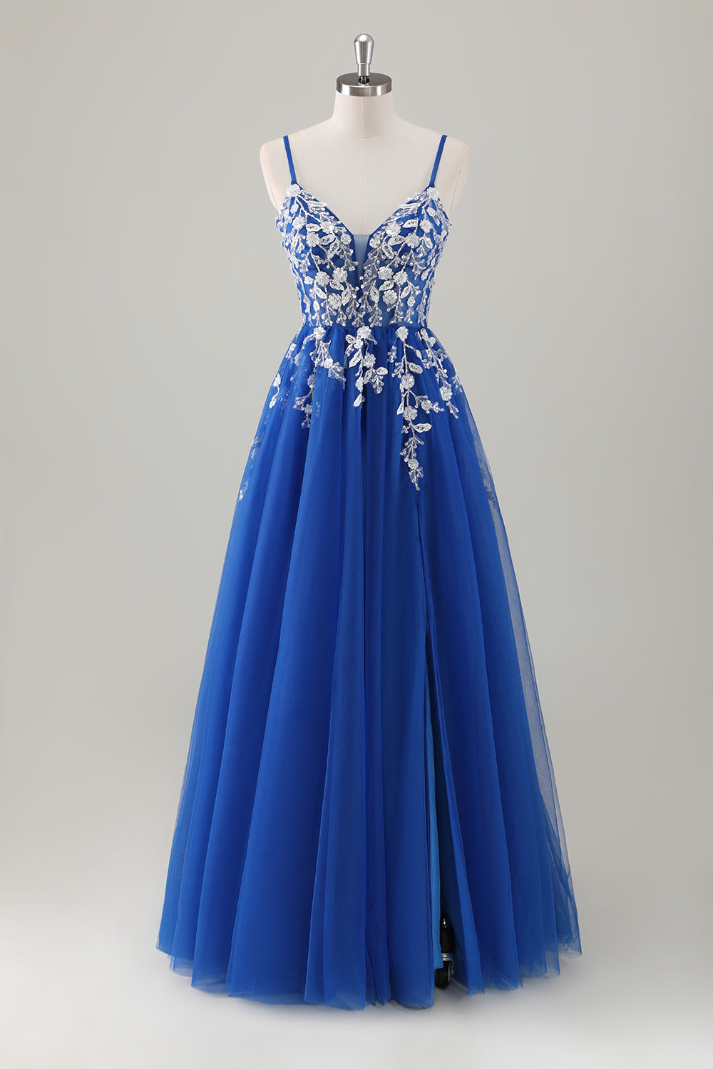 Royal Blue Ball-Gown Long Appliqued Prom Dress com Fenda