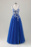 Royal Blue Ball-Gown Long Appliqued Prom Dress com Fenda