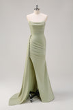 Sage Strapless Sereia Cetim Long Vestido de Dama de Honra com Fenda