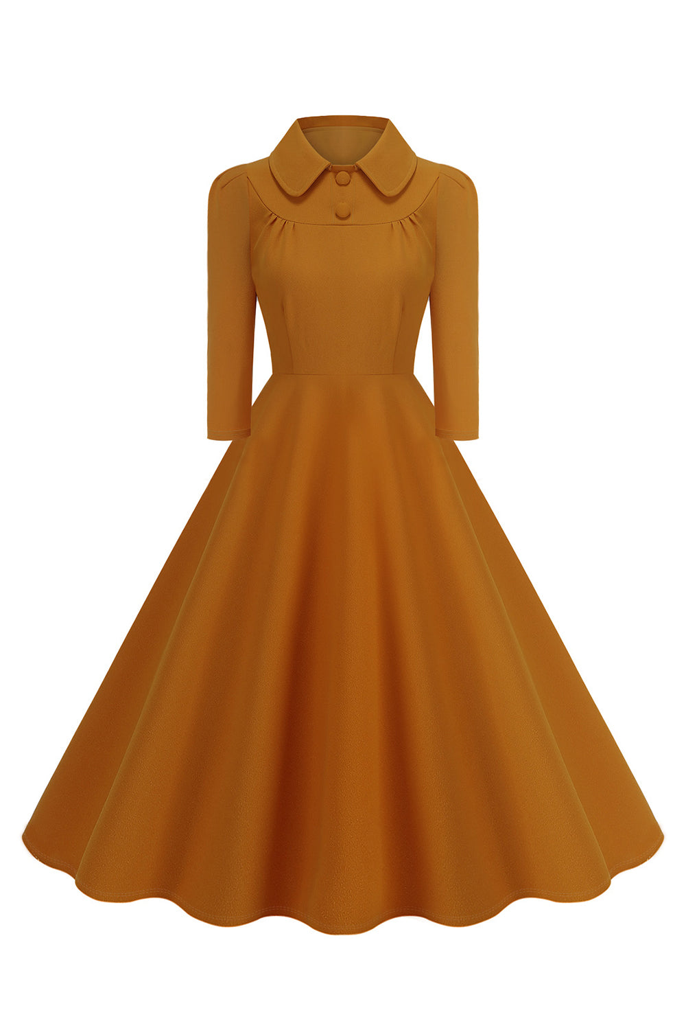 Amarelo Peter Pan Collar mangas compridas A-Line Midi 1950s vestido
