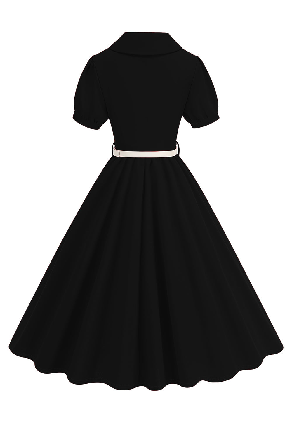 Preto V-neck mangas curtas A-Line Midi 1950s vestido com cinto