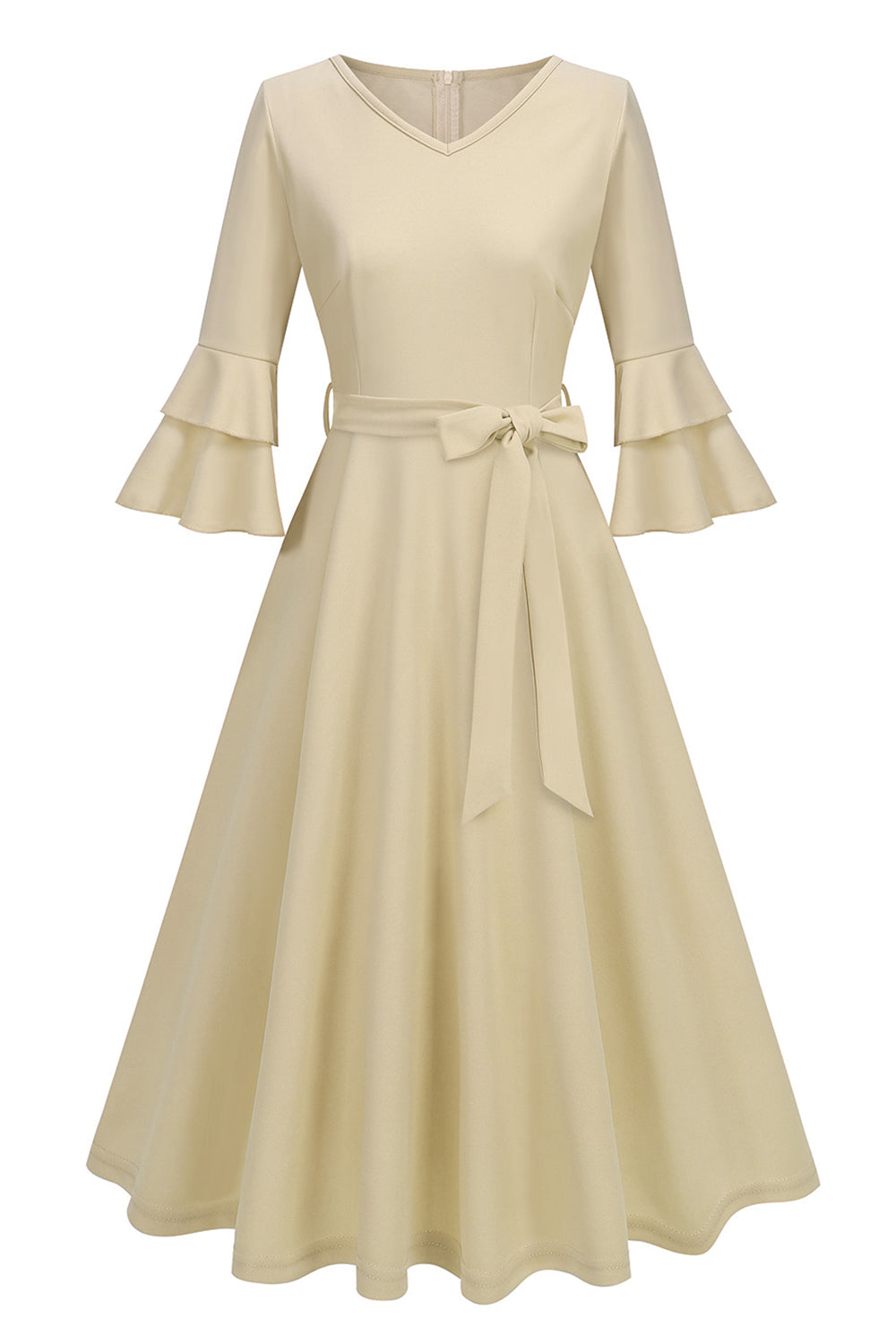 Damasco A-Line V-neck Meia Manga Midi Vestido dos anos 1950