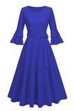 Damasco A-Line V-neck Meia Manga Midi Vestido dos anos 1950