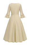 Damasco A-Line V-neck Meia Manga Midi Vestido dos anos 1950