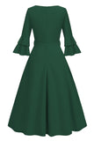 Damasco A-Line V-neck Meia Manga Midi Vestido dos anos 1950