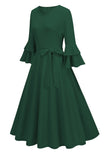 Damasco A-Line V-neck Meia Manga Midi Vestido dos anos 1950