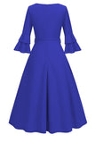 Damasco A-Line V-neck Meia Manga Midi Vestido dos anos 1950