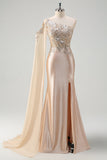 Sparkly Champagne Sereia Um Ombro Lantejoulas Long Prom Dress com Fenda